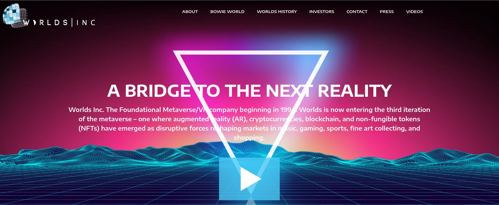 A screenshot of the Worlds, Inc, i.e., Worlds Online/Chat website in 2024, depicting glowing neon colors, and text that talks about how the company is moving in the direction of crypto, blockchain and NFTs.